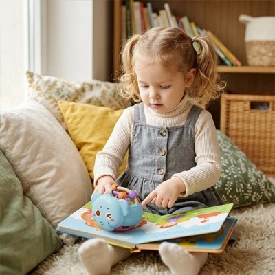 Jouet éveil bebe bleu fillette assise regardant