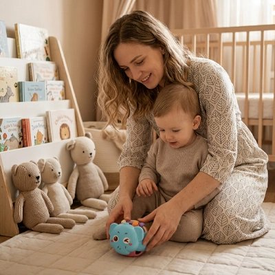 Jouet éveil bebe  bleu maman enfant s'amuse