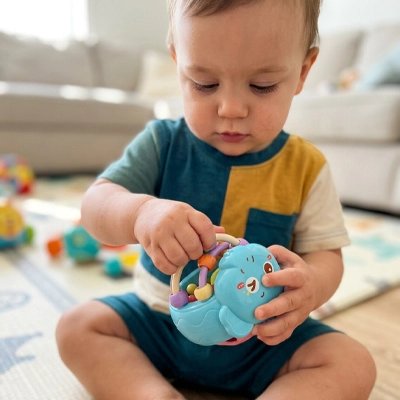 Jouet éveil bebe petit garçon semble heureux