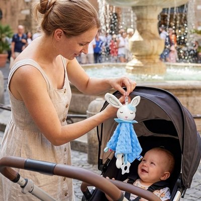 Lapin doudou bleu avec maman