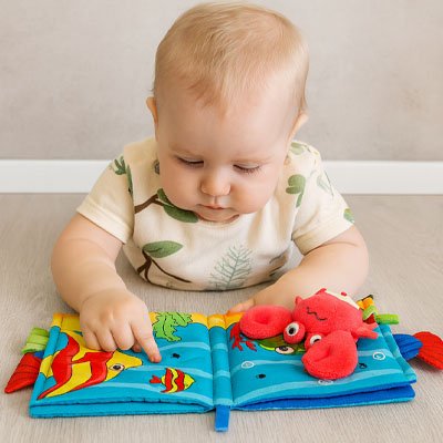 Livre bebe en tissus crabe avec poisson