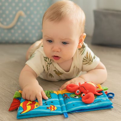 Livre bebe en tissus crabe relief