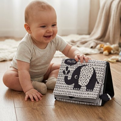 Livre bebe en tissus éléphant noir blanc