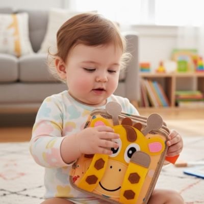 Livre bebe en tissus girafe avec enfant