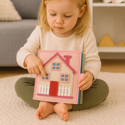 Livre bebe en tissus maison rose