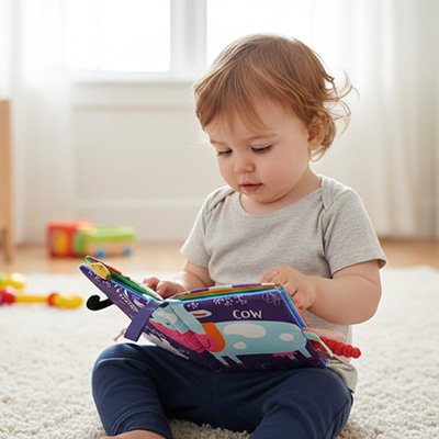 Livre bebe en tissus vache avec enfant
