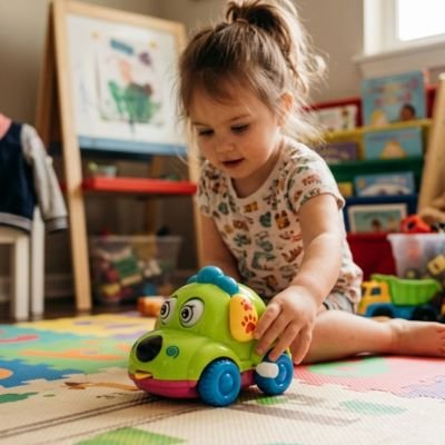Petite voiture jouet  fillette joue avec voiture