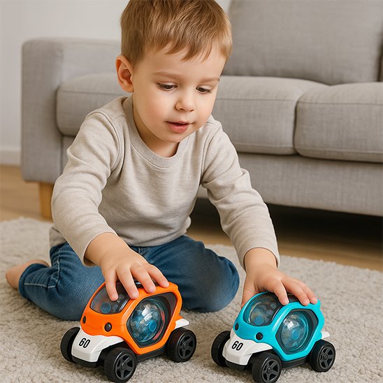 Petite voiture jouet orange et bleu
