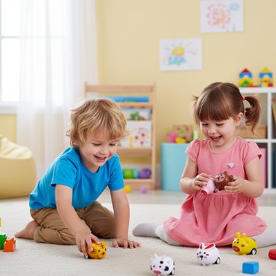 Petites voitures jouets fillette s’amuse avec son ami