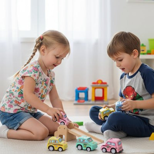 Petites voitures jouets frère soeur s'amusent ensemble