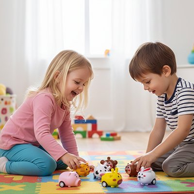 Petites voitures jouets garçon et fillette s’amuse ensemble