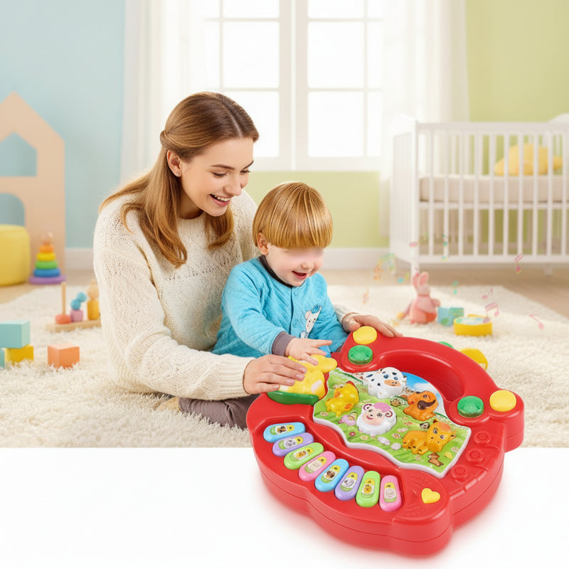 piano bébé rouge avec enfant