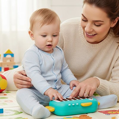 Piano bebe vert avec enfant et maman
