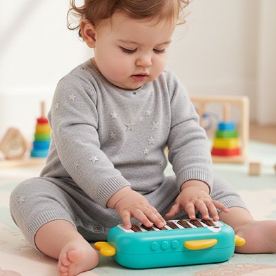 Piano bébé vert enfant assit avec jouet