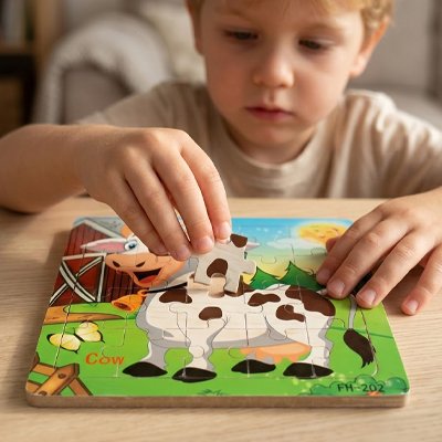 Puzzle bois enfant joue avec son jouet