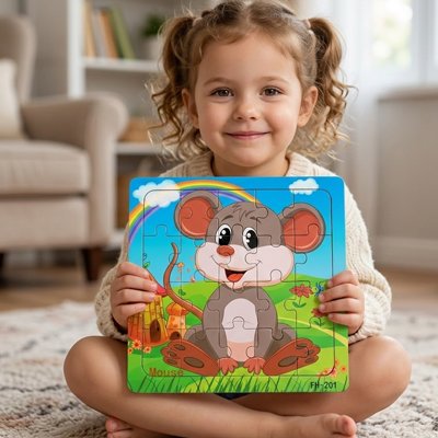 Puzzle bois enfant montre son jouet