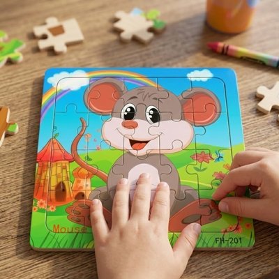 Puzzle bois enfant regarde le jouet