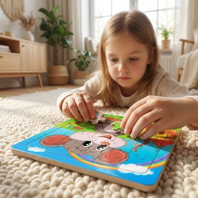 Puzzle bois fillette joue avec son jouet