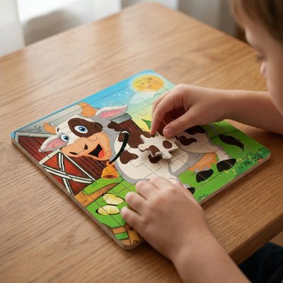 Puzzle bois vache avec enfant