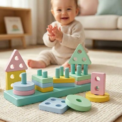 Puzzle en bois bébé fille heureuse tape ses mains