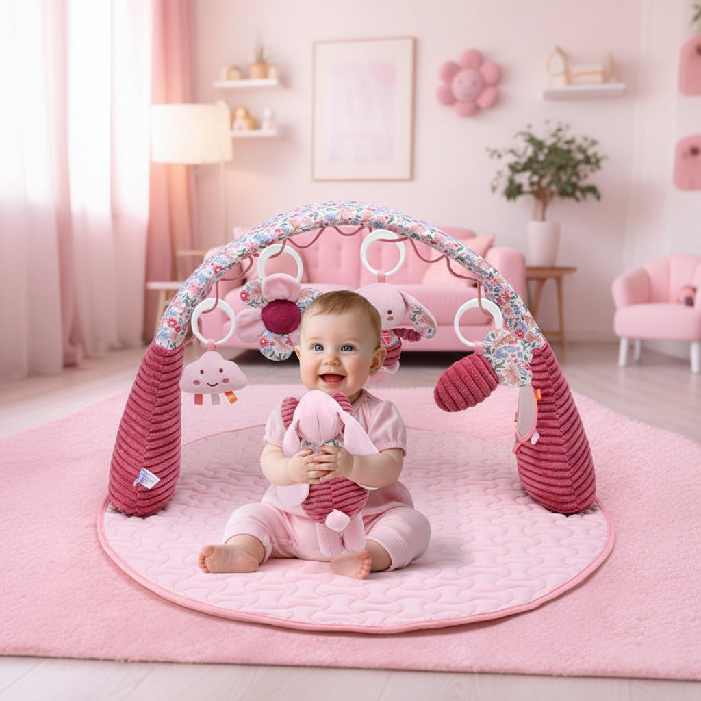 tapis d'éveil rose bébé assit avec jouet