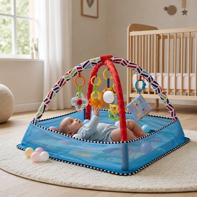 Tapis eveil bebe bleu avec jouet