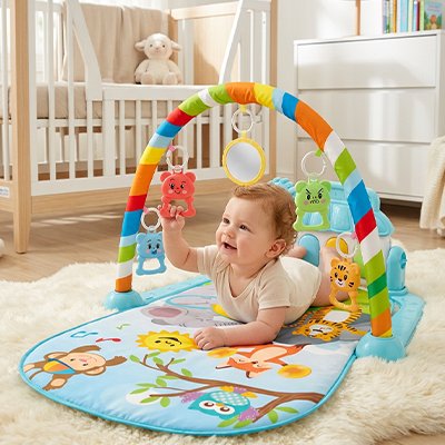 Tapis eveil bebe joue avec hochet