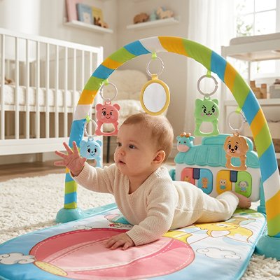 Tapis eveil bebe  regardant les jouets