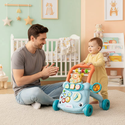 totteur bébé bleu orange dans salon