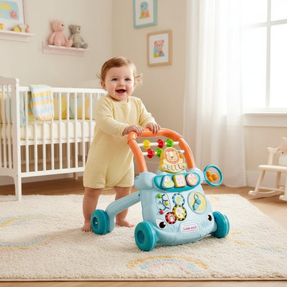 trotteur bébé bleu dans-la-chambre avec bébé