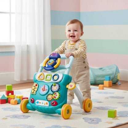 trotteur bébé bleu enfant s'amuse avec jouet