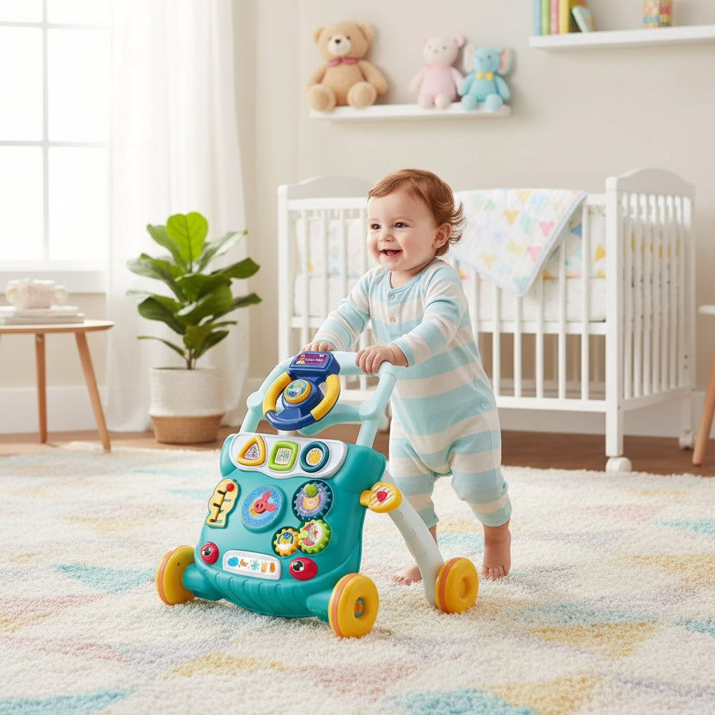 trotteur bébé bleu horloge