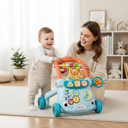 trotteur bébé bleu orange dans salon