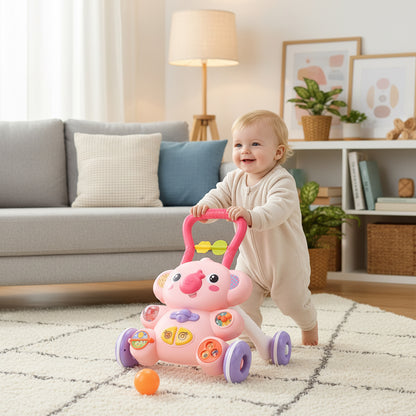 trotteur bébé fille joue au salon