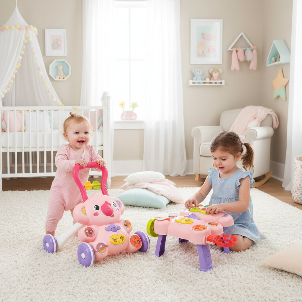 trotteur bébé fille joue avec sa soeur