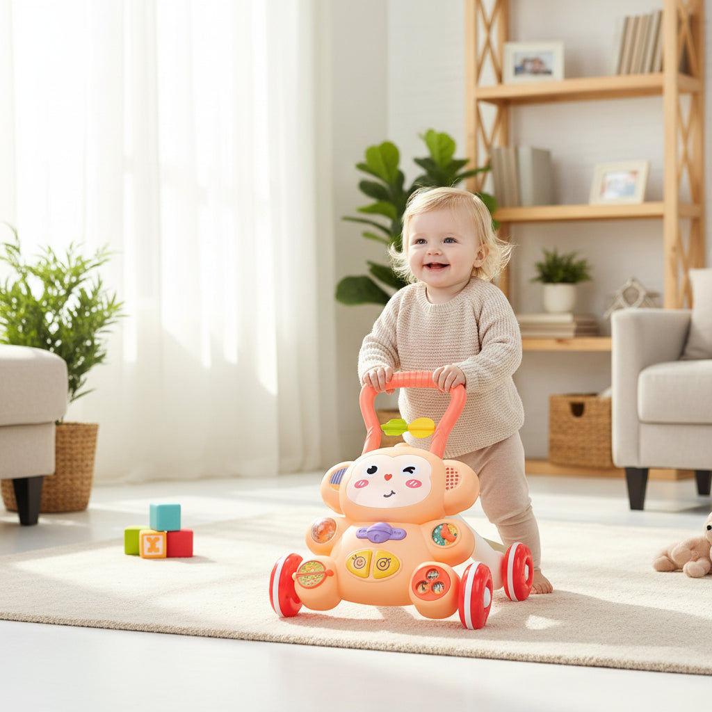 trotteur bébé fille promenant au salon