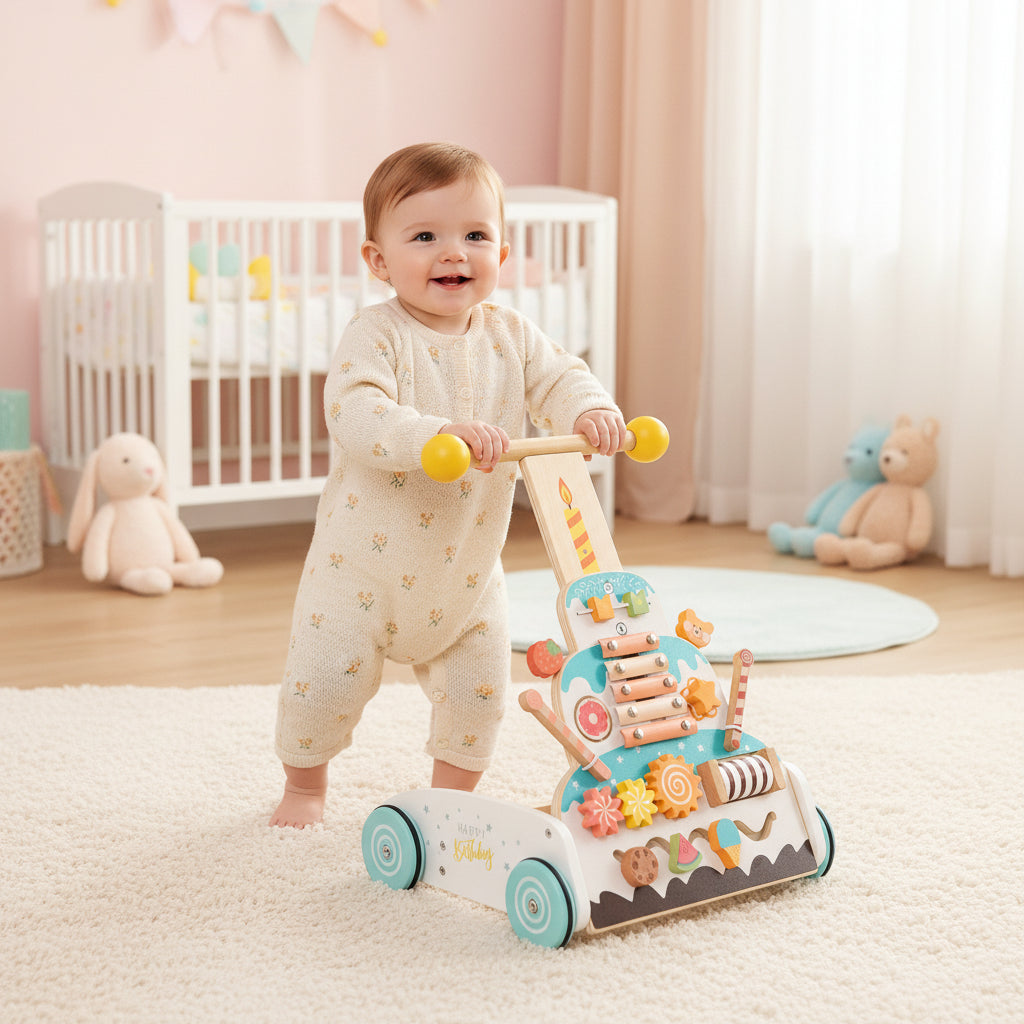 trotteur bébé fillette joue avec jouet