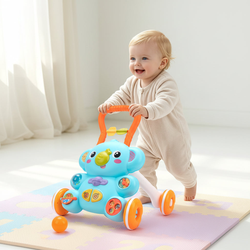 trotteur bébé garçon se promène avec jouet