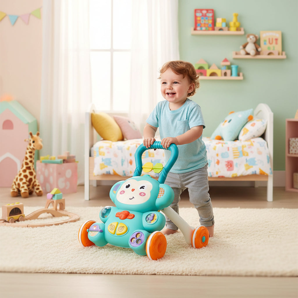 trotteur bébé garçon vert avec enfant