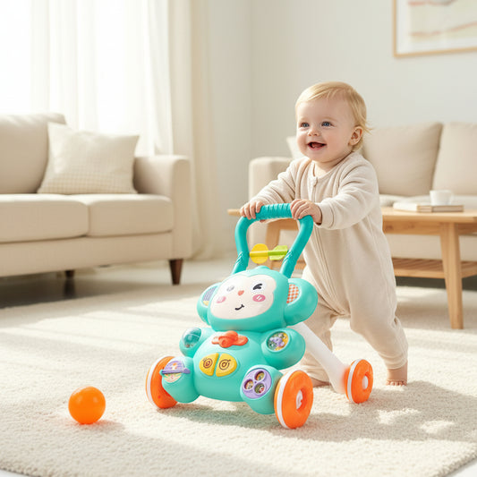 trotteur bébé garçon vert bleu avec enfant