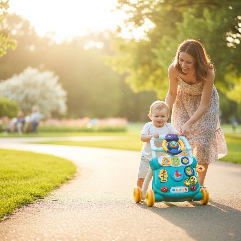 trotteur bébé maman fait une promenade avec bébé