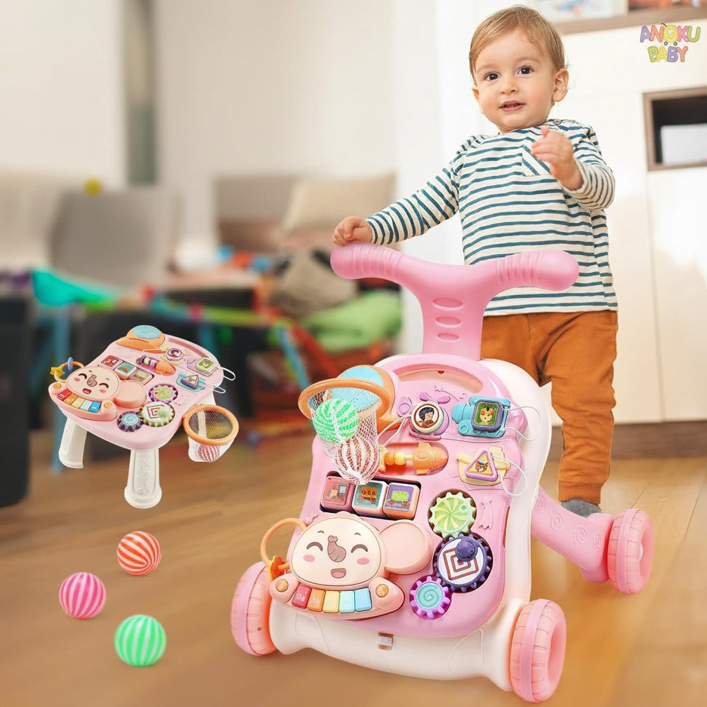 trotteur bébé rose avec enfant