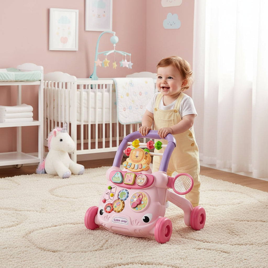 trotteur bébé rose mauve avec bébé