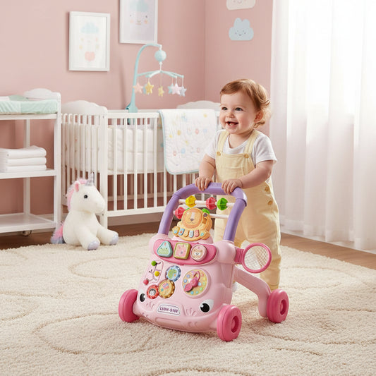 trotteur bébé rose mauve avec bébé