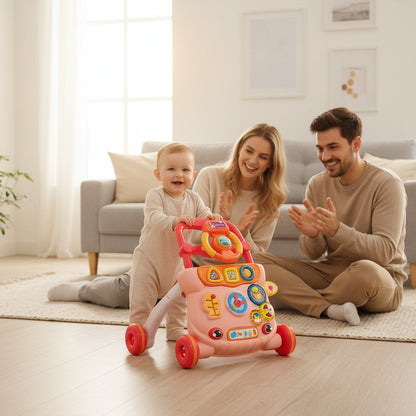 trotteur bébé rose papa maman sont heureux