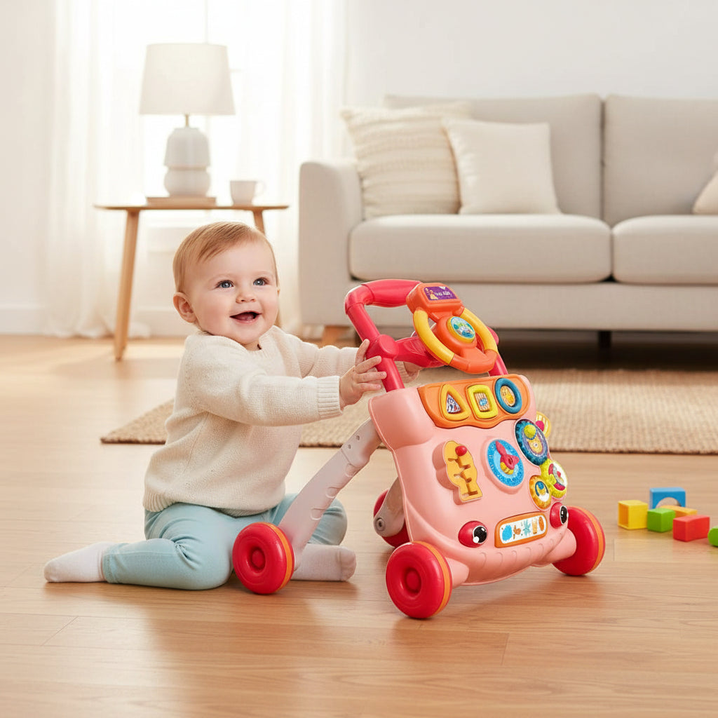 trotteur bébé rose rouge dans salle de jeux