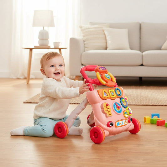 trotteur bébé rose rouge dans salle de jeux