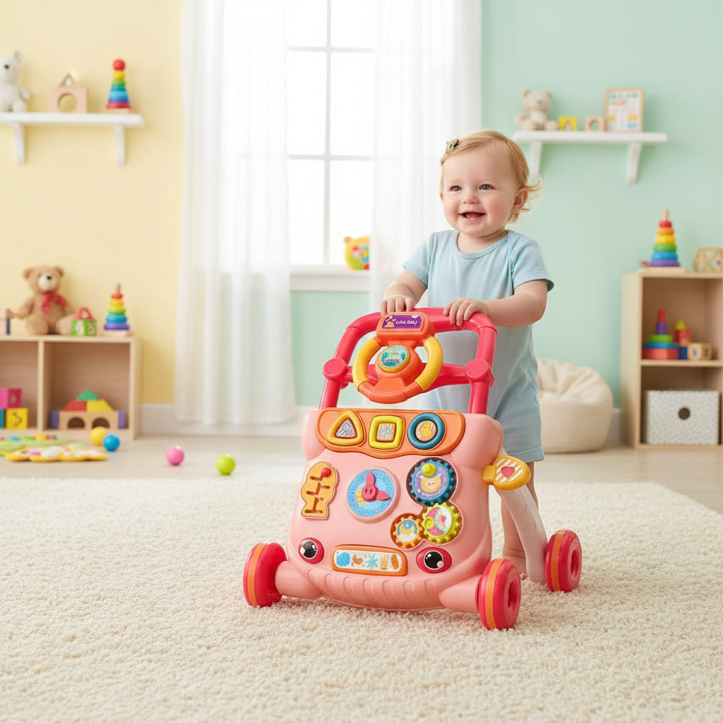 trotteur bébé rose rouge enfant heureux de jouer