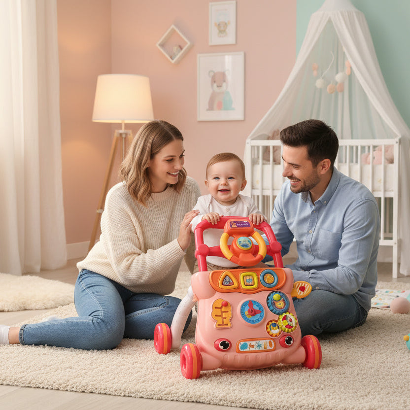 trotteur bébé rose rouge enfant semble heureux
