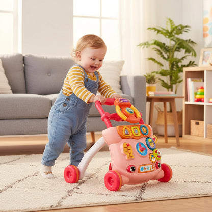 trotteur bébé rose rouge enfant très heureux